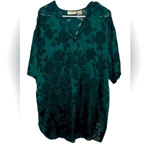 Vintage VICTORIA SECRET Gold Label Emerald Green Sheer Floral Night Shirt LARGE
